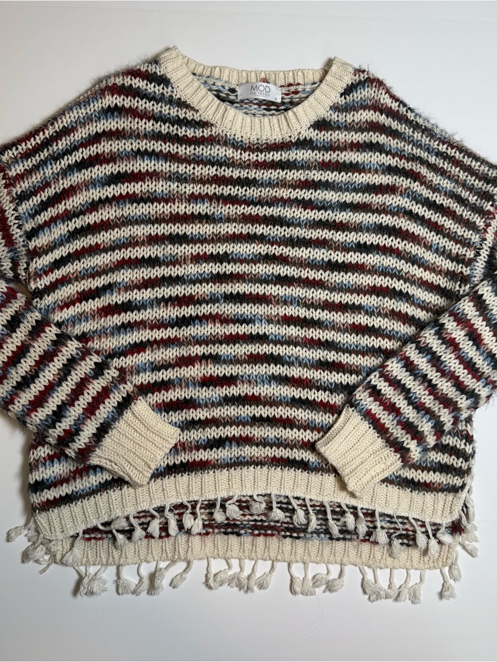 MOD on Trend Women’s S Knit Striped Boho Fringe Tassel Pullover Sweater